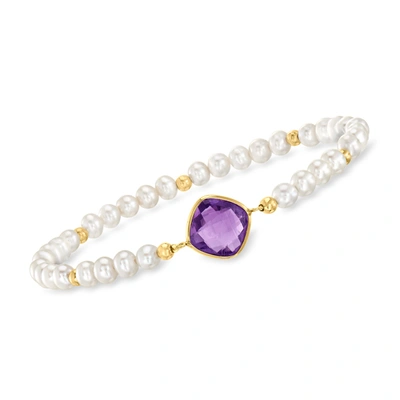 Shop Ross-simons Amethyst And 4-5mm Cultured Pearl Stretch Bracelet With 14kt Yellow Gold In Purple