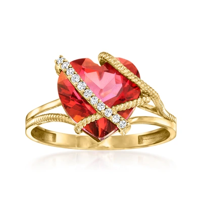 Shop Ross-simons Pink Topaz Heart Ring With Diamond Accents In 14kt Yellow Gold In Red