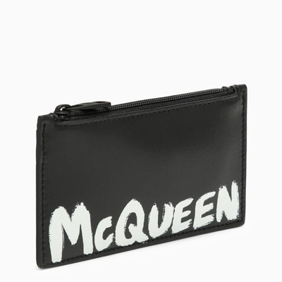 Shop Alexander Mcqueen Black Leather Zipped Card Holder With Logo