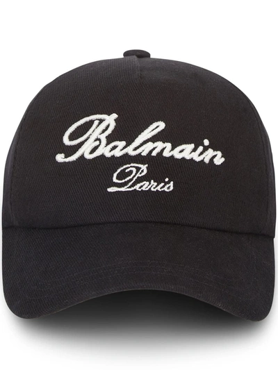 Shop Balmain Baseball Hat With Signature Embroidery In Black