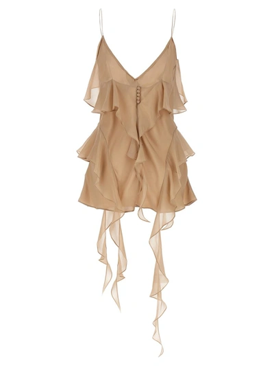 Khaite Piet Cascading-ruffle Sleeveless Tunic Top In Beige