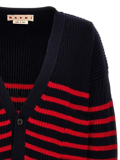 Marni Distressed Striped Knit Cardigan In Blue