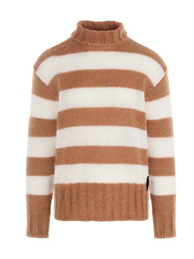 Shop Fendi Striped High-neck Knit Jumper In Beige