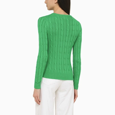 Shop Polo Ralph Lauren Green Cable Knit Sweater With Logo In Pink