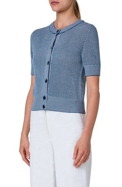 Shop Akris Punto Stripe Short Sleeve Wool Mesh Stitch Cardigan In Navy-cream