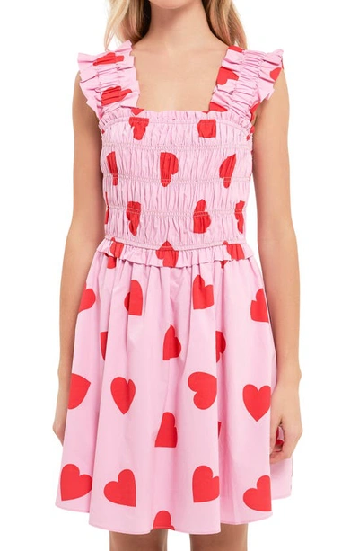 Shop English Factory Heart Shape Shirred Sundress In Pink/red