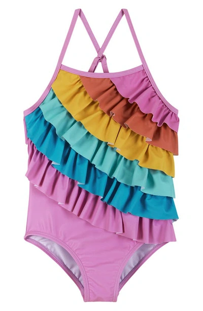 Shop Andy & Evan Kids' Rainbow Ruffle One-piece Swimsuit In Purple Rainbow