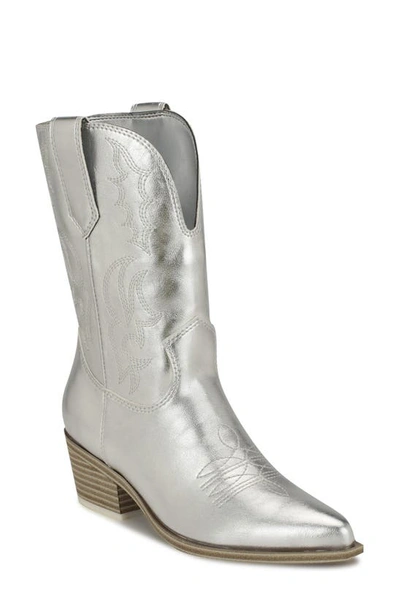 Shop Nine West Yodown Pointed Toe Western Boot In Silver