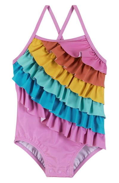 Shop Andy & Evan Rainbow Ruffle One-piece Swimsuit In Purple Rainbow