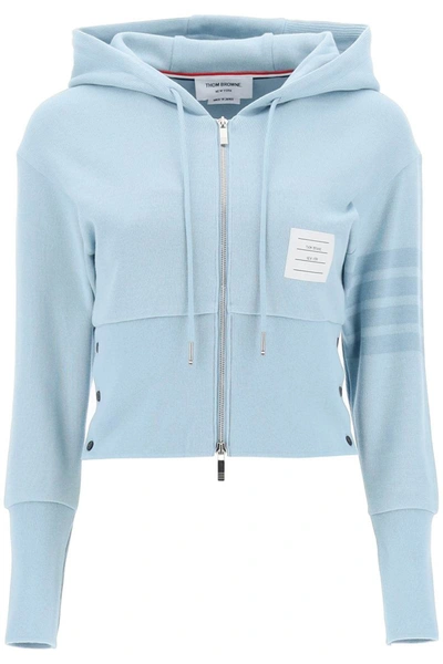Shop Thom Browne 4-bar Knitted Cropped Hoodie In Blue