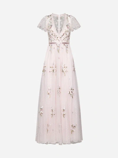 Shop Needle &amp; Thread Petunia Embroidered Tulle Gown In Peony Pink