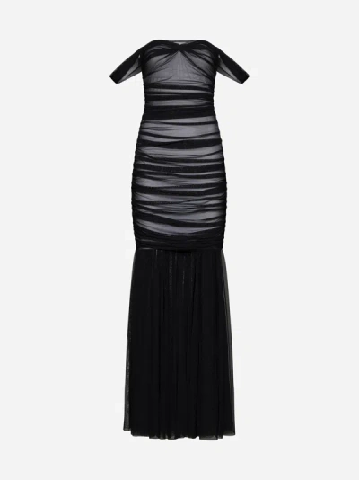 Shop Norma Kamali Walter Mesh Fishtail Gown In Black,snow White