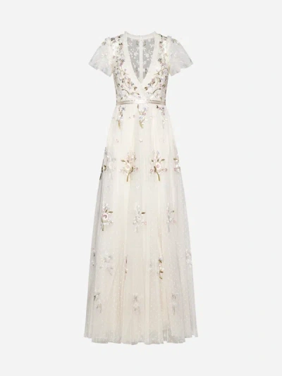 Shop Needle &amp; Thread Petunia Embroidered Tulle Gown In Cream