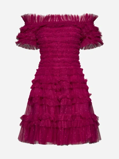 Shop Needle &amp; Thread Lisette Ruffle Off-shoulder Mini Dress In Cerise