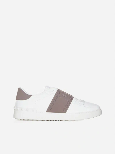 Shop Valentino Rockstud Untitled Leather Sneakers In White,clay
