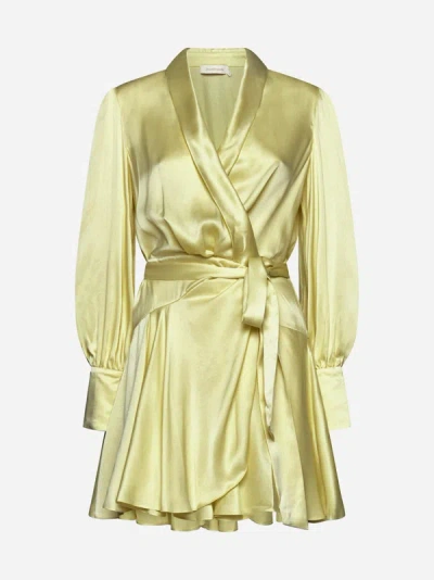 Shop Zimmermann Silk Wrap Mini Dress In Lemon
