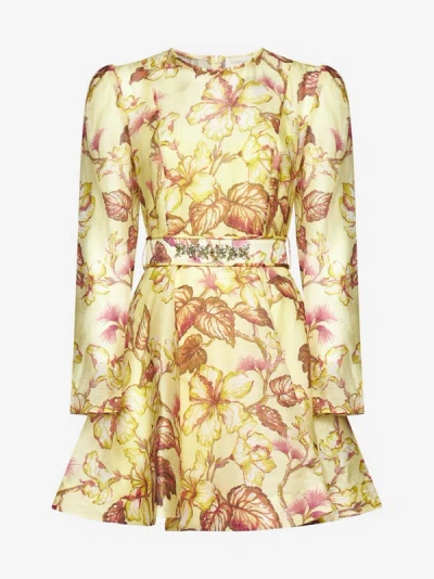 Shop Zimmermann Matchmaker Linen And Silk Mini Dress In Yellow Hibiscus