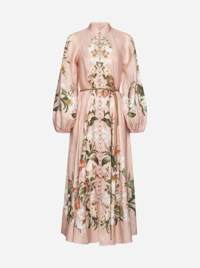 Shop Zimmermann Lexi Print Linen Long Dress In Pink Palm