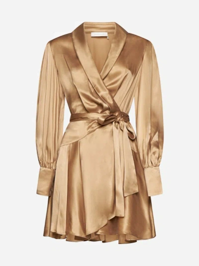 Shop Zimmermann Silk Wrap Mini Dress In Sand