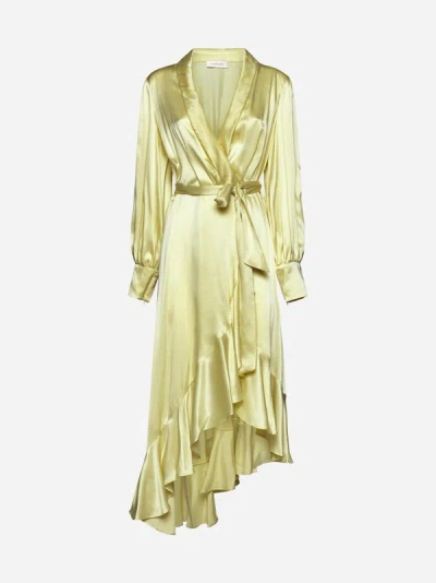 Shop Zimmermann Silk Wrap Midi Dress In Lemon