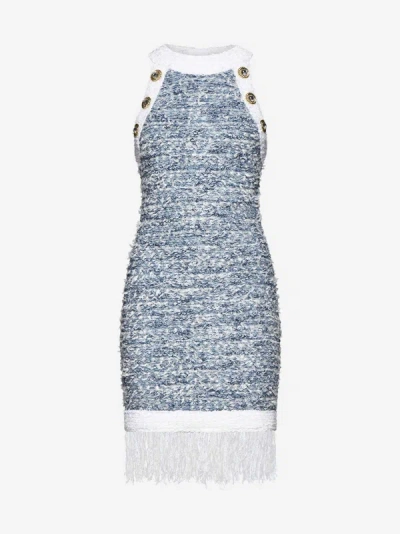Shop Balmain Fringed Tweed Mini Dress In Light Blue,white