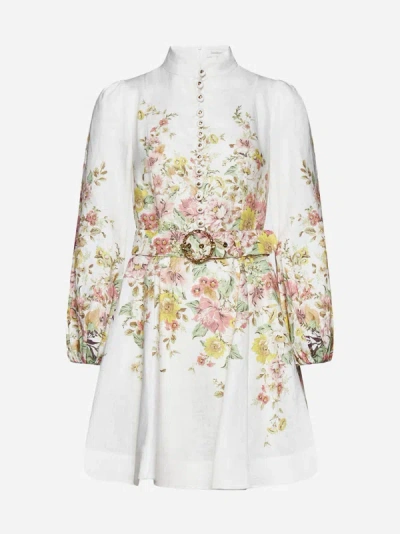 Shop Zimmermann Matchmaker Print Linen Mini Dress In Ivory,coral Floral