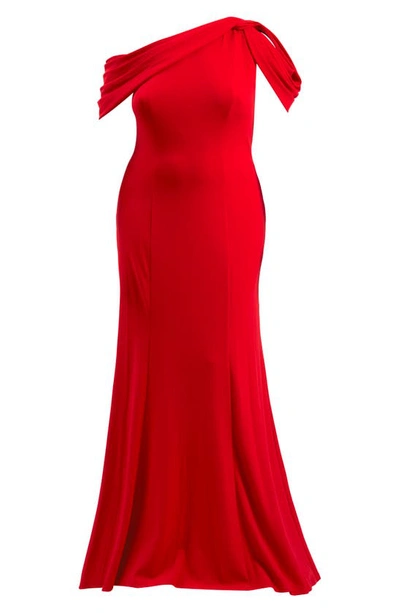 Tadashi Shoji Copley Shoulder Drape Gown - Plus Size In Lava Red