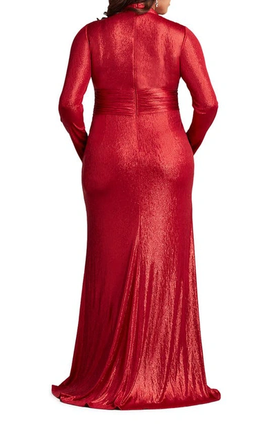 Tadashi Shoji Plus Size Ruched Side-slit Metallic Jersey Gown In Deep Red