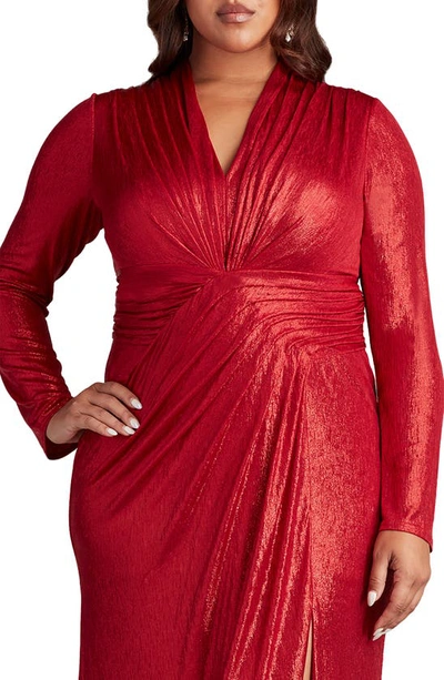 Tadashi Shoji Plus Size Ruched Side-slit Metallic Jersey Gown In Deep Red