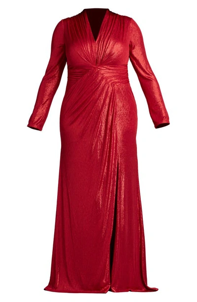 Tadashi Shoji Plus Size Ruched Side-slit Metallic Jersey Gown In Deep Red