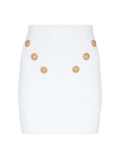 Shop Balmain 6 Button Fine Knit Mini Skirt In White
