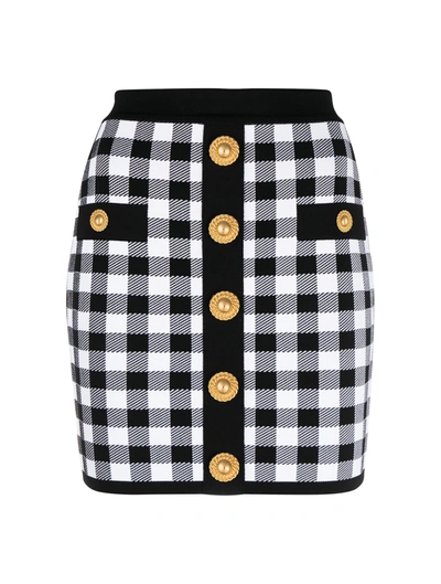 Shop Balmain Buttoned Gingham Knitted Miniskirt In Black