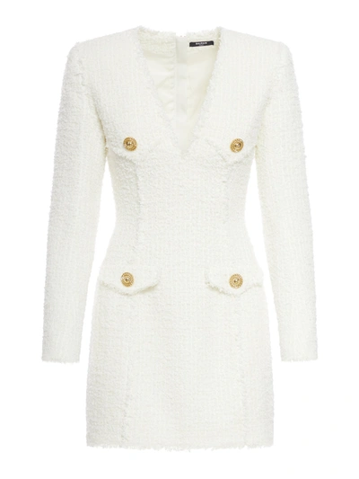 Shop Balmain Button-embellished Tweed Minidress In White