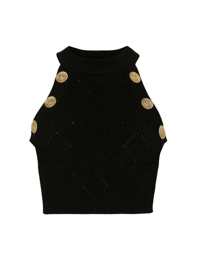 Shop Balmain Embossed Buttons Cropped Top In Black