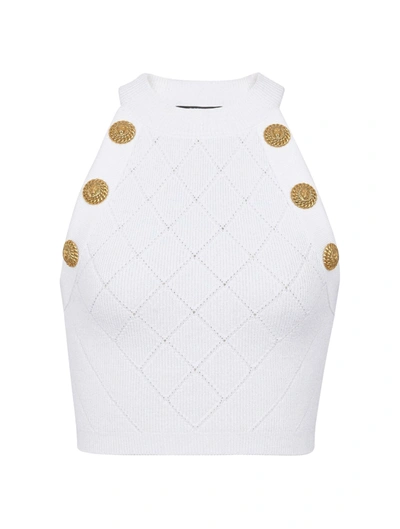 Shop Balmain Embossed Buttons Cropped Top In White