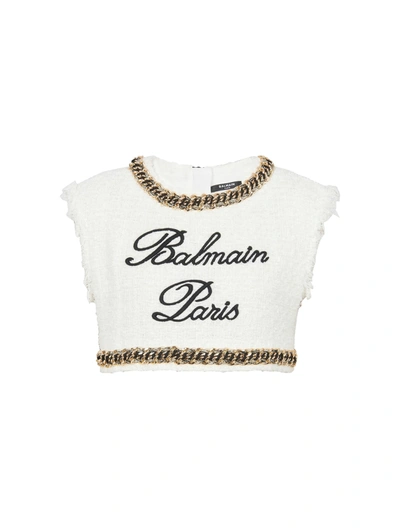 Shop Balmain Signature-embroidered Tweed Crop Top In White