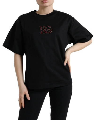 Dolce & Gabbana Black Cotton Dg Crystal Crewneck Tee T-shirt In Black