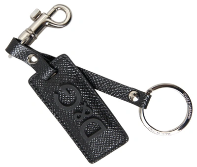 Dolce & Gabbana Black Dg Logo Leather Silver Metal Keychain In Black