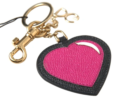 Shop Dolce & Gabbana Black Fuchsia Heart Leather Gold Metal Keyring Keychain