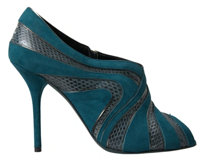 Shop Dolce & Gabbana Blue Teal Snakeskin Peep Toe Ankle Booties Shoes