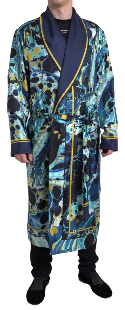 Shop Dolce & Gabbana Marble Blue Silk Waist Belt Robe Sleepwear