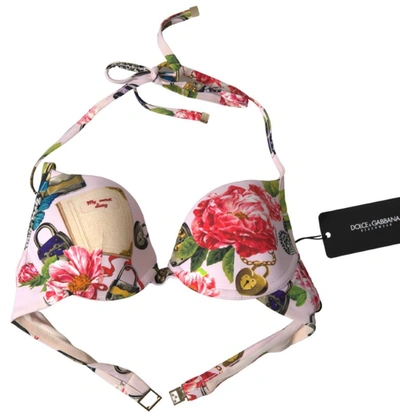 Shop Dolce & Gabbana Pink Floral Halter Beachwear Swimwear Bikini Top