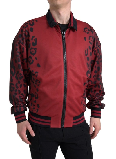 Dolce & Gabbana Red Leopard Polyester Bomber Full Zip  Jacket In Red
