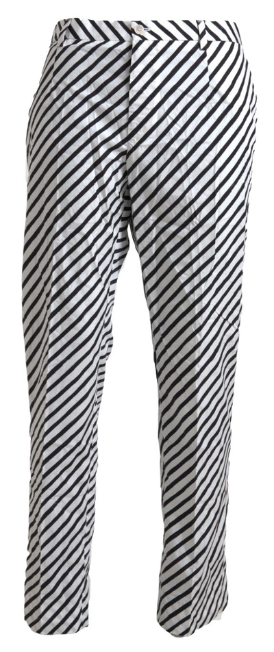 Shop Dolce & Gabbana White Black Cotton Striped Trousers Pants