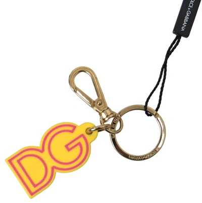 Shop Dolce & Gabbana Yellow Rubber Dg Logo Gold Brass Metal Keyring Keychain
