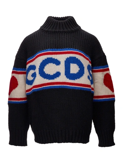 Shop Gcds Oversized Black Wool Jumper With Front Logo