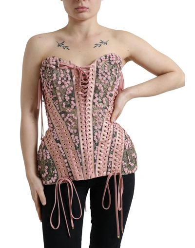 Shop Dolce & Gabbana Pink Floral Applique Bustier Corset Top