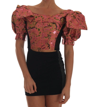 Shop Dolce & Gabbana Pink Puff Sleeve  Brocade Cropped Top