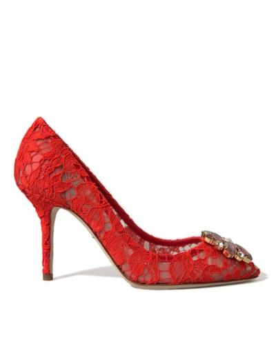 Shop Dolce & Gabbana Red Taormina Lace Crystal Heels Pumps Shoes