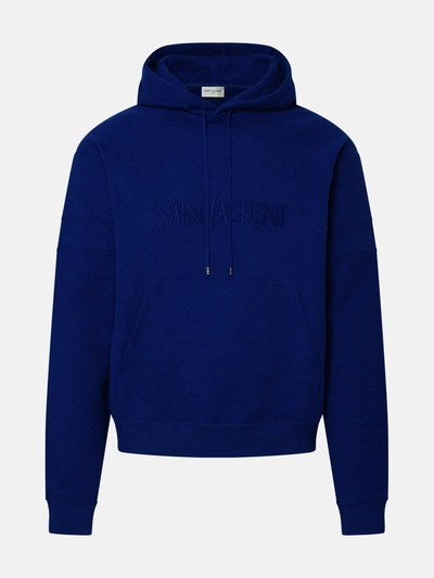 Shop Saint Laurent Electric Blue Cotton Hoodie Sweatshirt